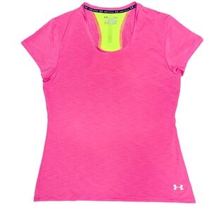 Under Armour Run Heatgear Semi-Fitted Pink Neon T-Shirt Scoop Neck size L